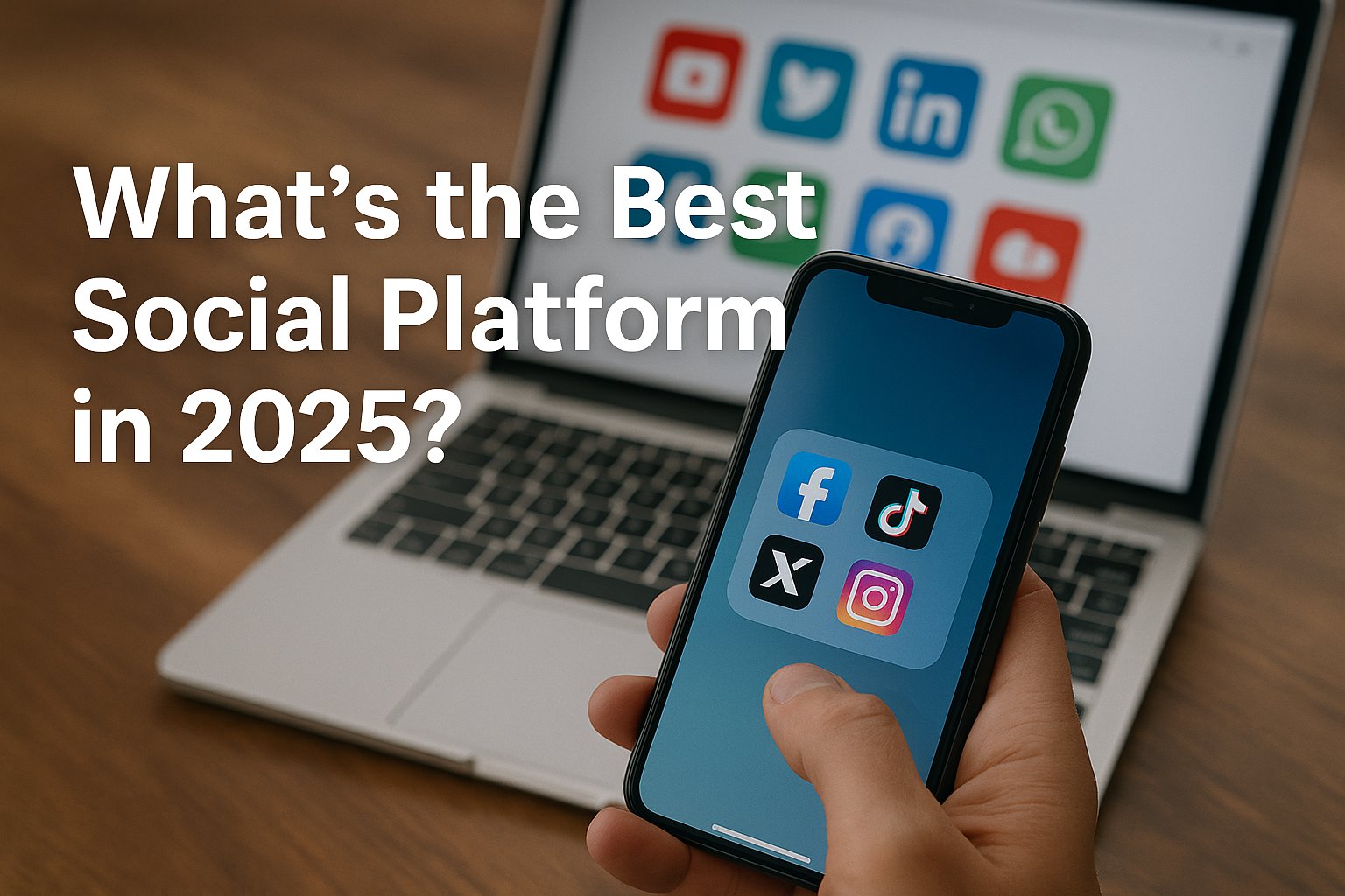 Choosing the best social media platform in 2025 with icons on phone and laptop